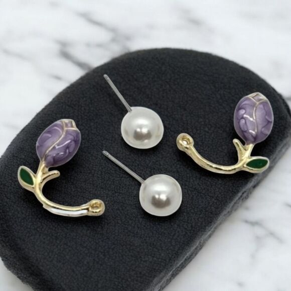 Purple Tulip Pearl Ear Jackets Wrap Earrings Wedding Bridal Bride Formal Jewelry - Picture 2 of 8